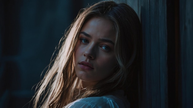 a woman with long hair and a white shirt is sitting in front of a window