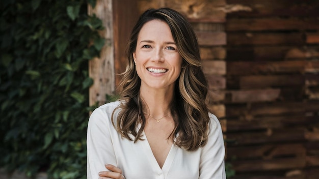 Photo a woman with long hair and a white shirt is smiling and smiling