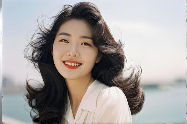 A woman with long hair and a white shirt is smiling