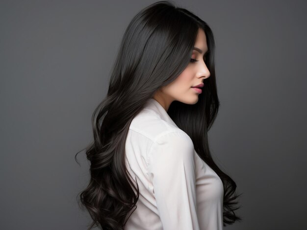 a woman with long hair and a white shirt is standing in front of a gray wall