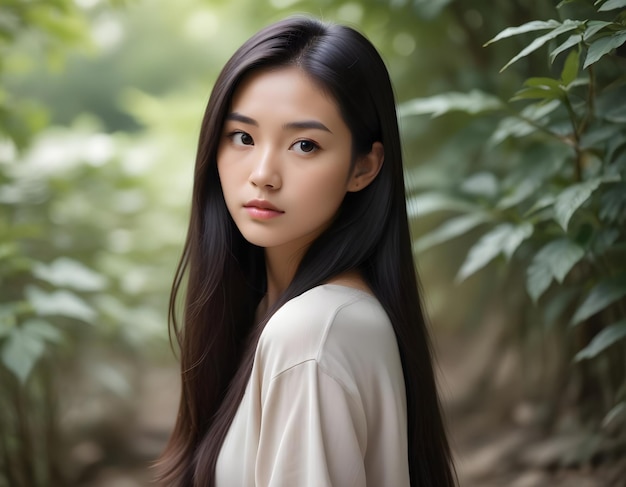 a woman with long hair and a white shirt is standing in front of a tree