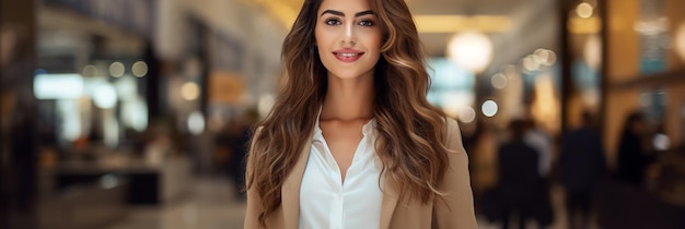 a woman with long hair and a white shirt is standing in front of a wall of windows.