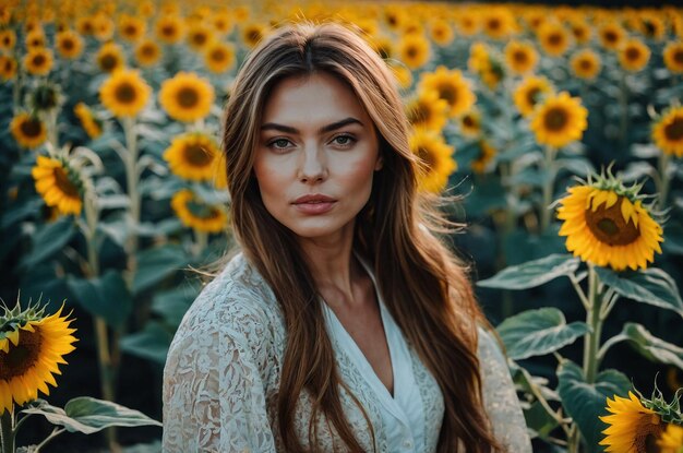 a woman with long hair and a white shirt is standing in a sunflower field