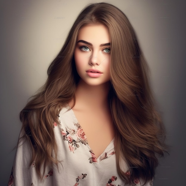 a woman with long hair and a white shirt with flowers on it