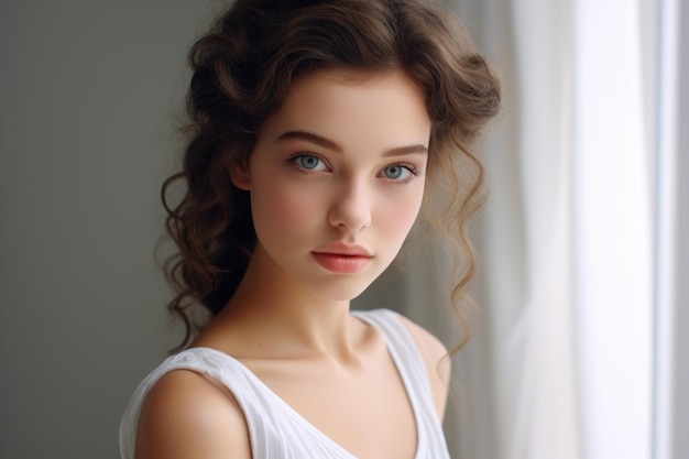 A woman with long hair and a white tank top is looking at the camera