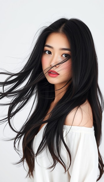 Photo a woman with long hair and a white top has long black hair