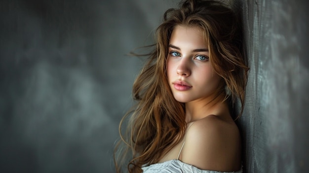 Photo a woman with long hair and a white top is posing in front of a gray background