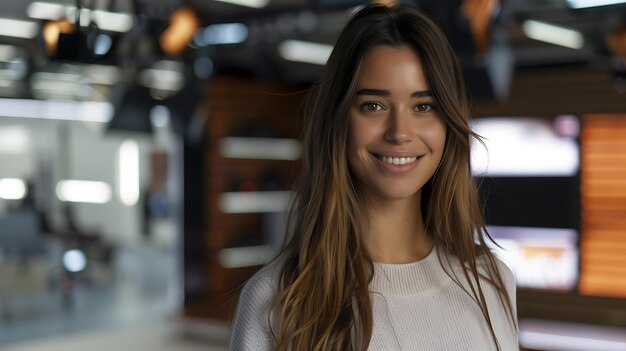 a woman with long hair and a white top is smiling