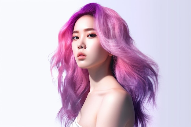 Woman with long hair with pink and purple hair