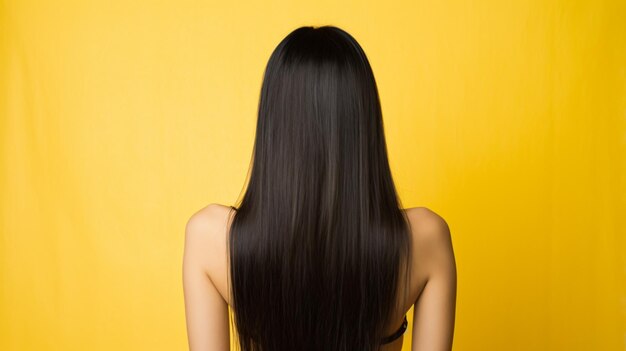 a woman with long hair with a yellow background