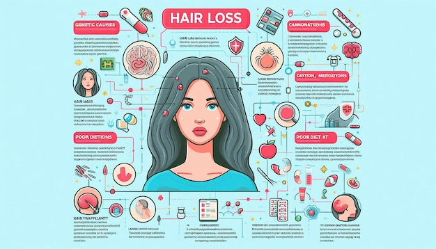 a woman with long hair and the words hair loss on the face