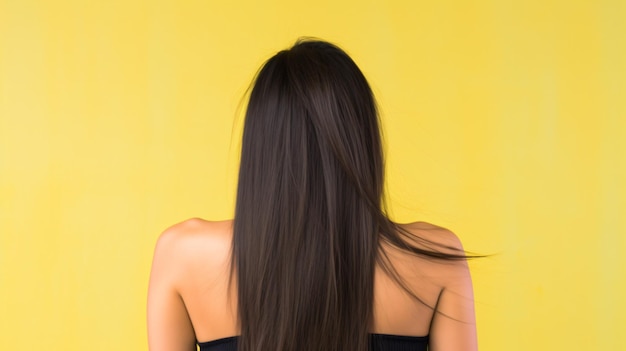 a woman with long hair and a yellow background