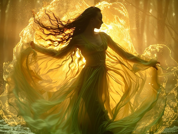 Photo a woman with long hair and a yellow dress is dancing in the sun