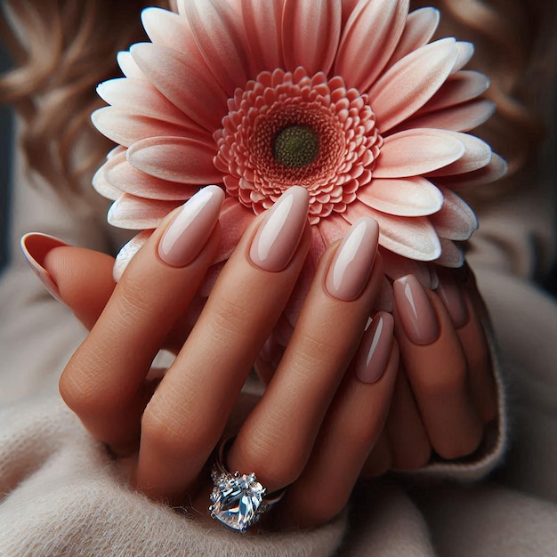 Photo a woman with long nails and a ring on her finger