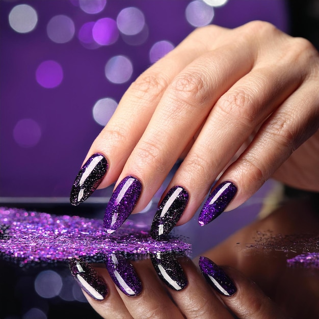 a woman with long nails that has purple nails and black nail polish