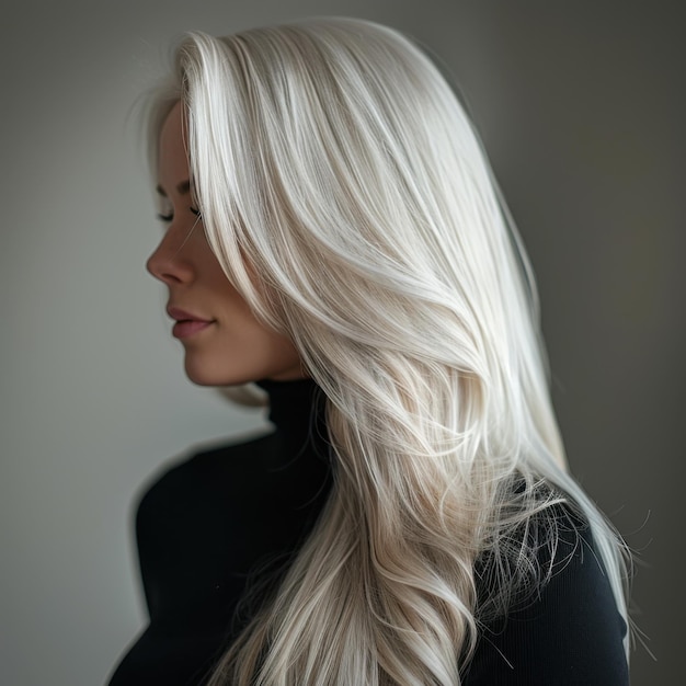 Woman with Long Platinum Blonde Hair and Silvery Shine Against Minimalist Dark Background