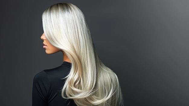 Photo woman with long platinum blonde hair and silvery shine against minimalist dark background