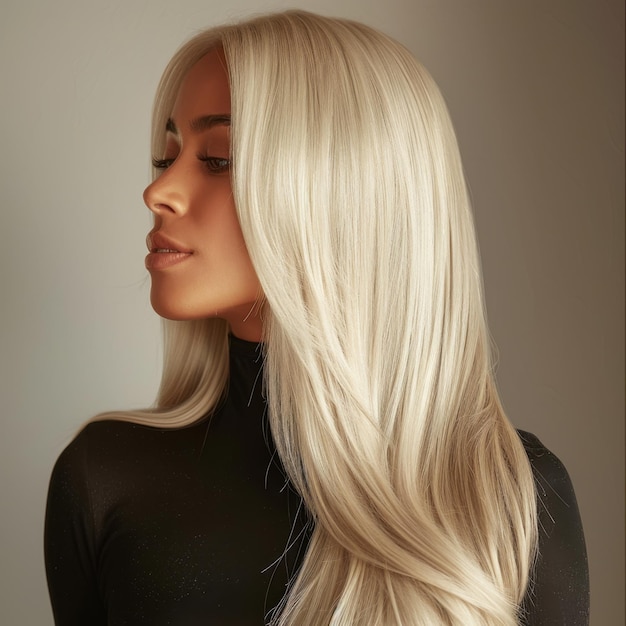 Photo woman with long platinum blonde hair and silvery shine against minimalist dark background