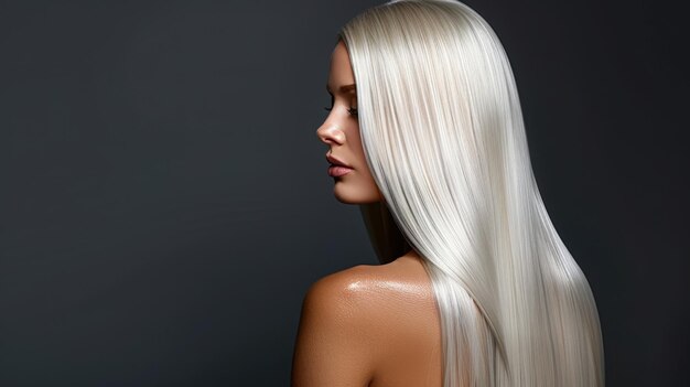 Photo woman with long platinum blonde hair and silvery shine against minimalist dark background