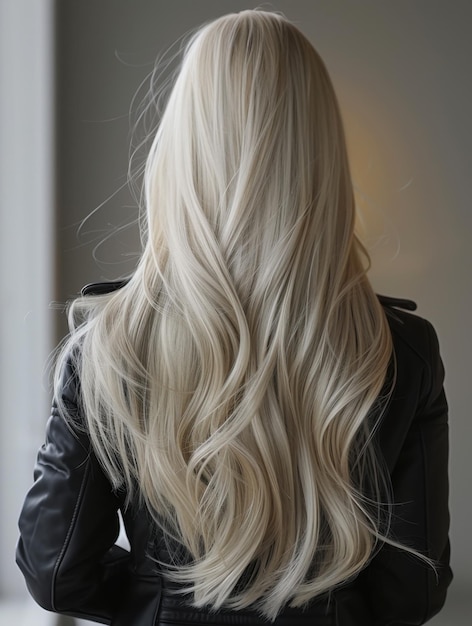 Woman with Long Platinum Blonde Hair and Silvery Shine Against Minimalist Dark Background