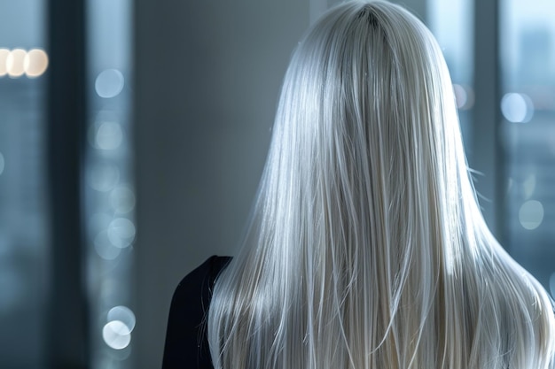 Photo woman with long platinum blonde hair and silvery shine against minimalist dark background