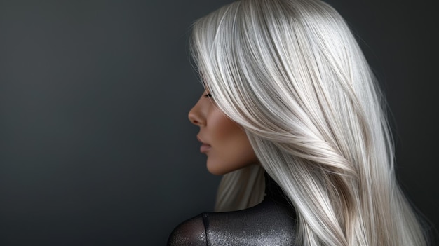 Woman with Long Platinum Blonde Hair and Silvery Shine Against Minimalist Dark Background