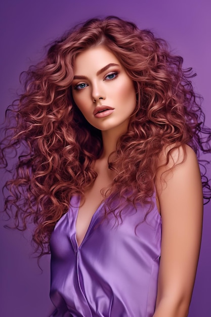 Woman with long red curly hair posing for picture in purple dress Generative AI