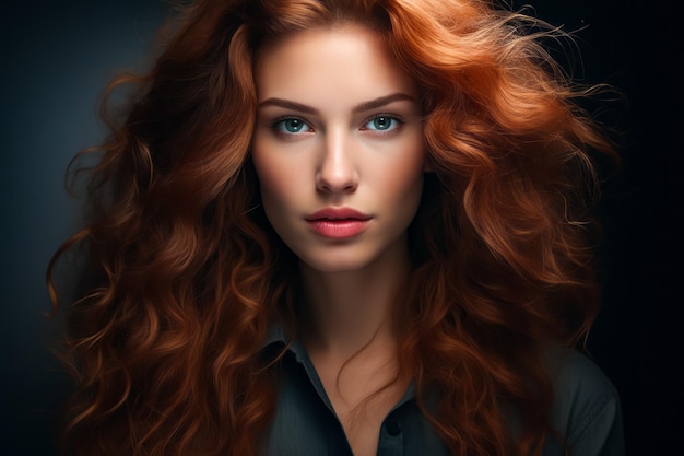 Woman with long red hair and black shirt Generative AI