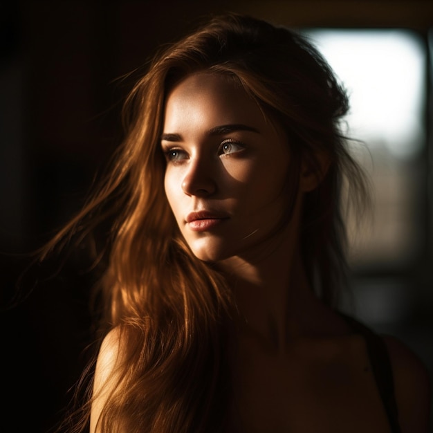 A woman with long red hair and a black shirt is looking at the camera.