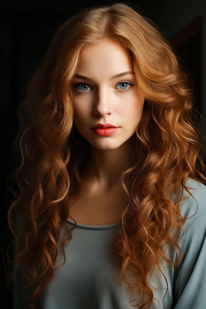 Woman with long red hair and blue eyes is wearing gray shirt Generative AI