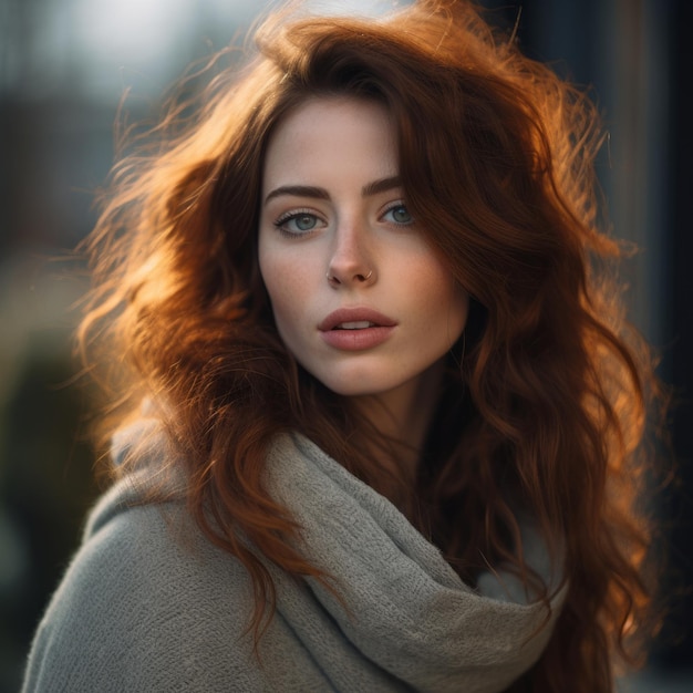 a woman with long red hair and blue eyes