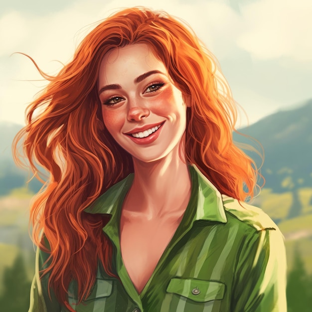 A woman with long red hair and a green shirt that says'the girl is smiling '