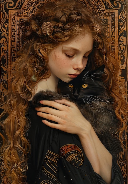 a woman with long red hair holds a black cat