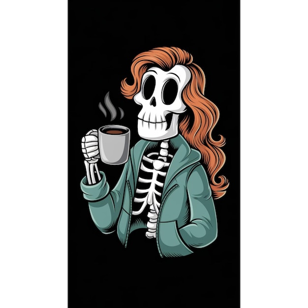 Photo a woman with long red hair and a skull and a glass of coffee