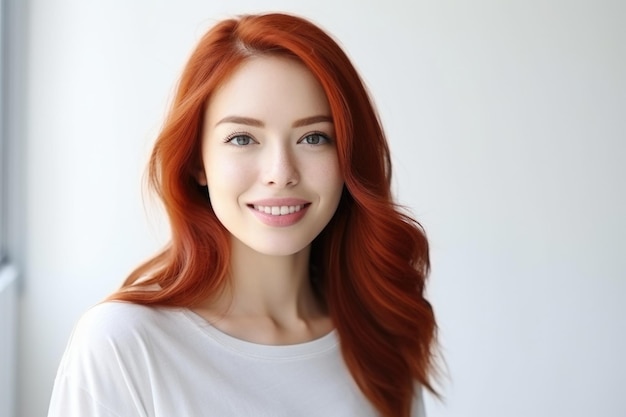 A woman with long red hair smiling at the camera Perfect for advertisements lifestyle blogs and beautyrelated content