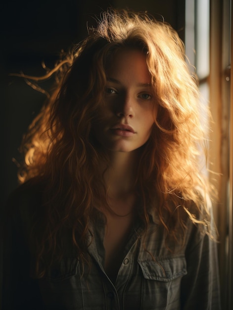 a woman with long red hair standing in front of a window