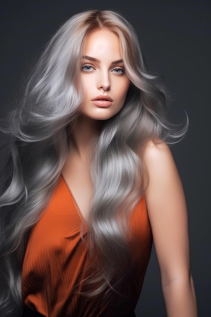 A woman with a long silver hair is posing in front of a dark background.