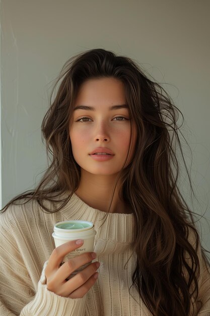 Woman with Long Smooth Hair Showcasing Hair Care Product