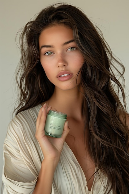 Woman with Long Smooth Hair Showcasing Hair Care Product