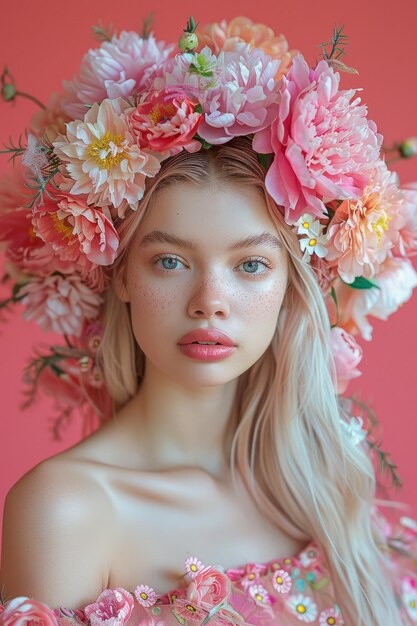 Woman with longhair and peony flowers