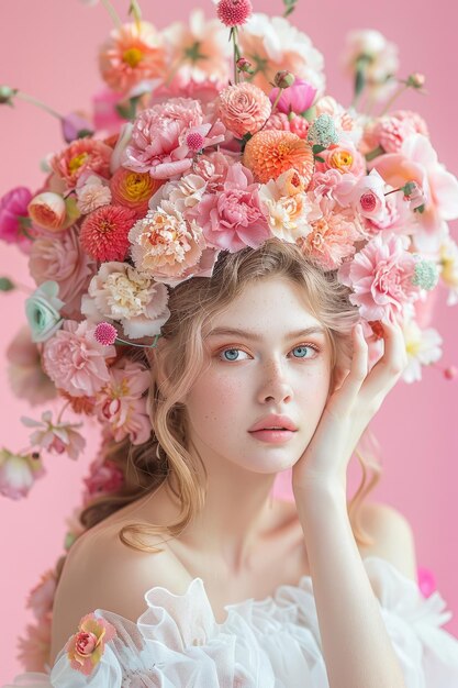 Woman with longhair and peony flowers