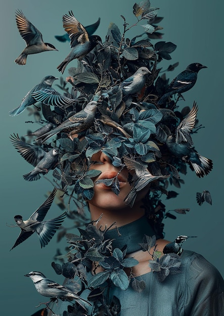 Photo a woman with a lot of birds around her head