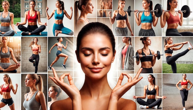 Photo a woman with a lot of pictures of her body and the words fitness