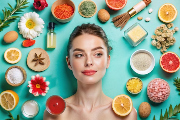 Photo a woman with a lot of products including a woman with a pink lip