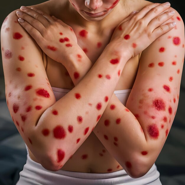 Photo a woman with a lot of spots on her arms and hands with a red dot on her upper arm