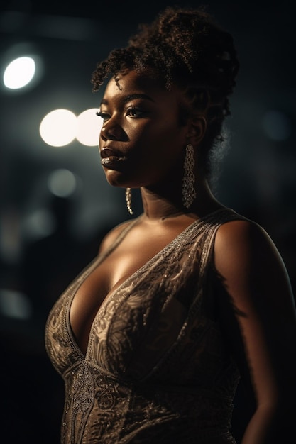 A woman with a low - key look on her face stands in front of a dark background.