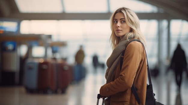 Photo woman with luggage in the airport building