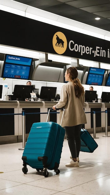 Woman with luggage trolley walking to airport check in counter