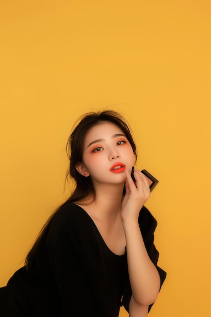 woman with makeup box preparing makeup young asian a blank yellow background