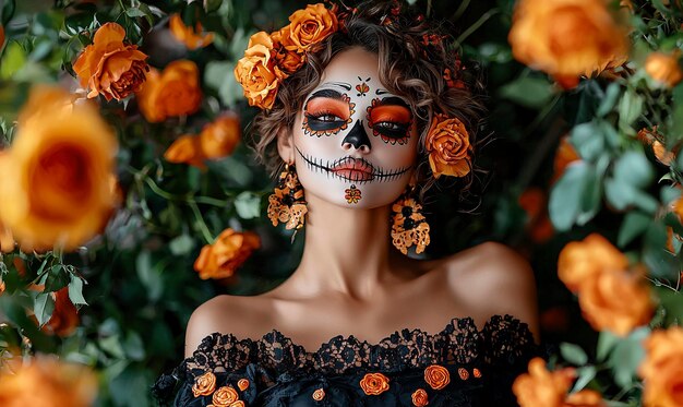 Photo a woman with makeup and flowers on her face is wearing a skull and flowers